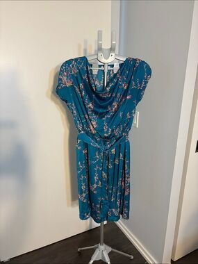 Teal Floral Cowl-Neck Midi Dress with Self-Tie Belt